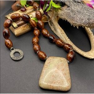 Stone And Pottery Glazed Beaded Necklace 18 inches Toggle Closure Earthy Neutral